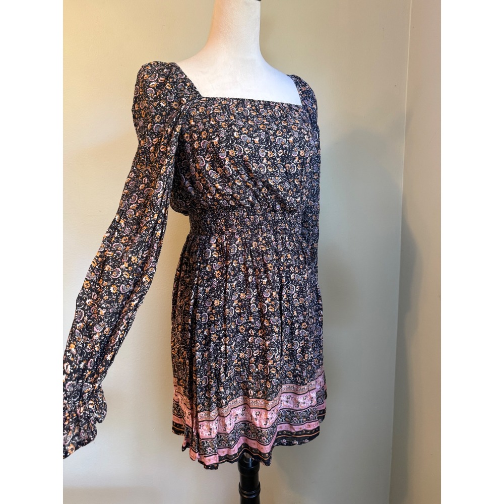Wonderly Desert Wonderer Black Floral cottage Mini Dress Long Sleeve S NWT boho